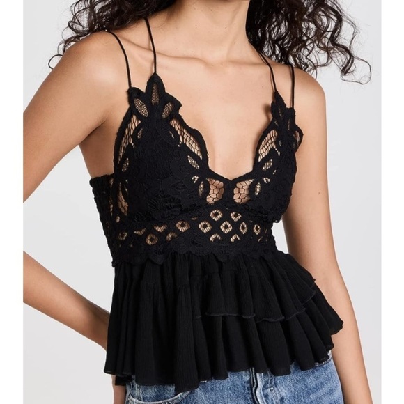 NWT Free People Adella Lace Crochet Cami Tank Top Black - Picture 1 of 10